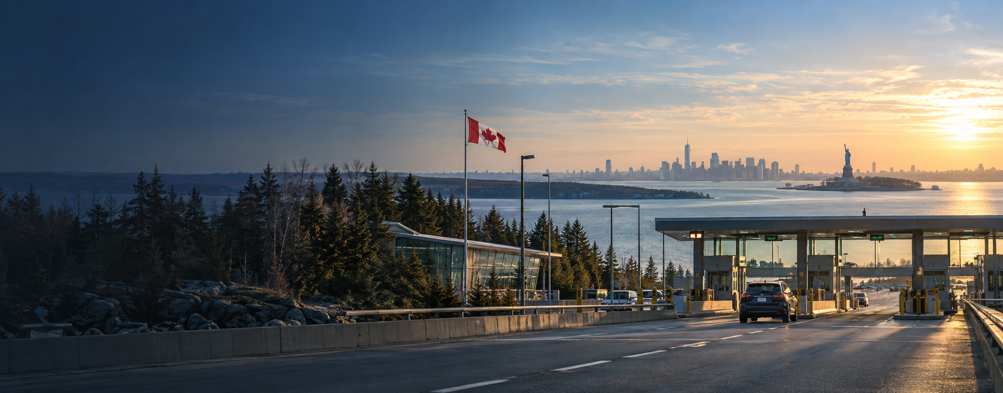 A Canada-to-USA border crossing at sunrise with the Statue of Liberty on the horizon